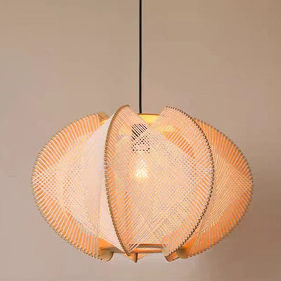 Traditional Japanese Round Hand-Woven Twine Wood 1 Light Pendant Light For Living Room