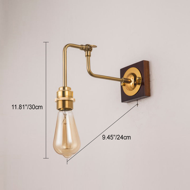 Modern Minimalist Adjustable Curved Rod Solid Wood Brass 1-Light Wall Sconce Lamp For Living Room