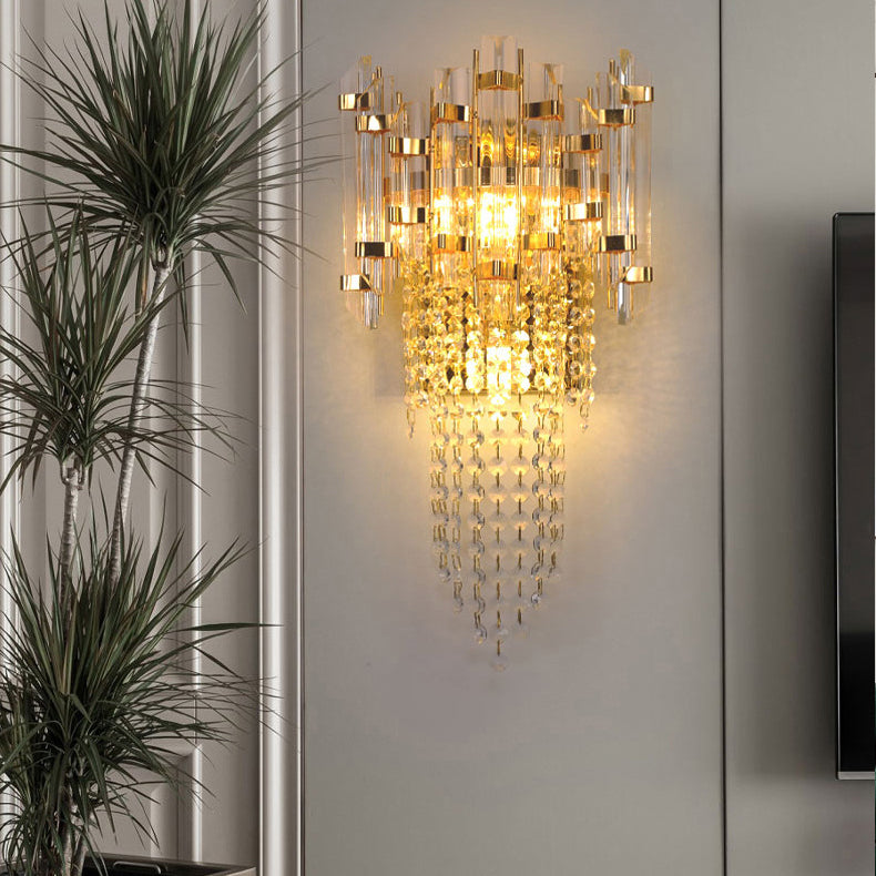 Modern Luxury Cylinder Bead String Iron Crystal 2-Light Wall Sconce Lamp For Living Room