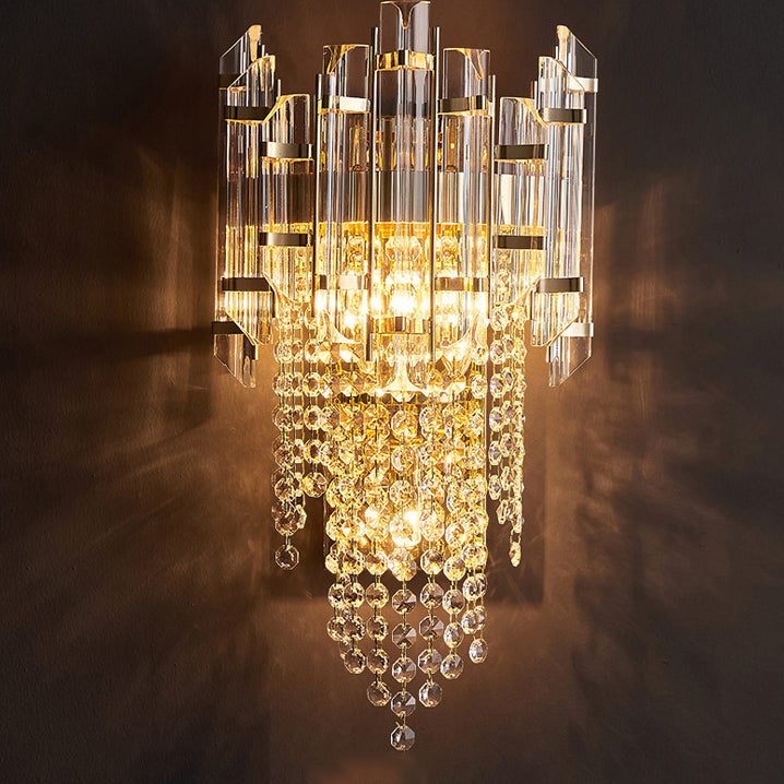 Modern Luxury Cylinder Bead String Iron Crystal 2-Light Wall Sconce Lamp For Living Room