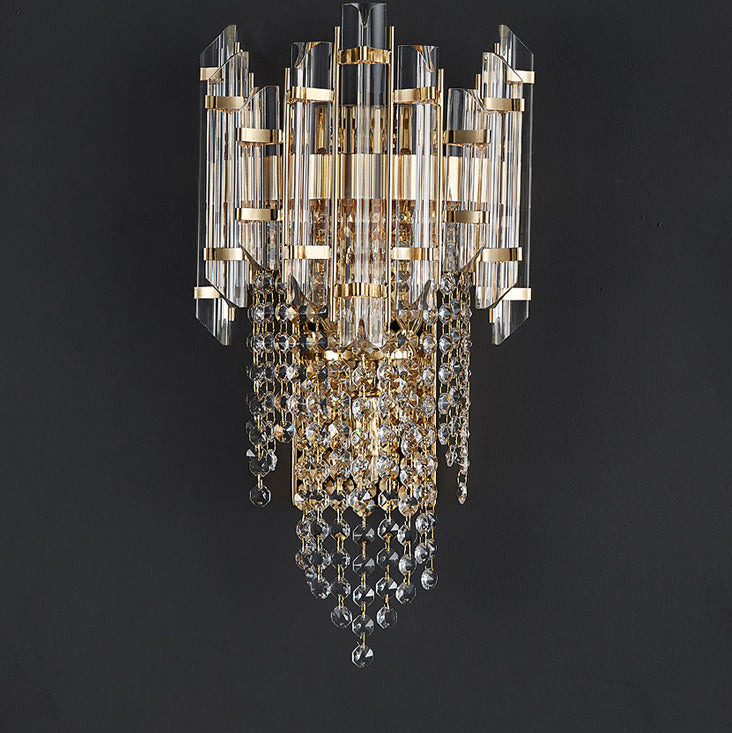 Modern Luxury Cylinder Bead String Iron Crystal 2-Light Wall Sconce Lamp For Living Room