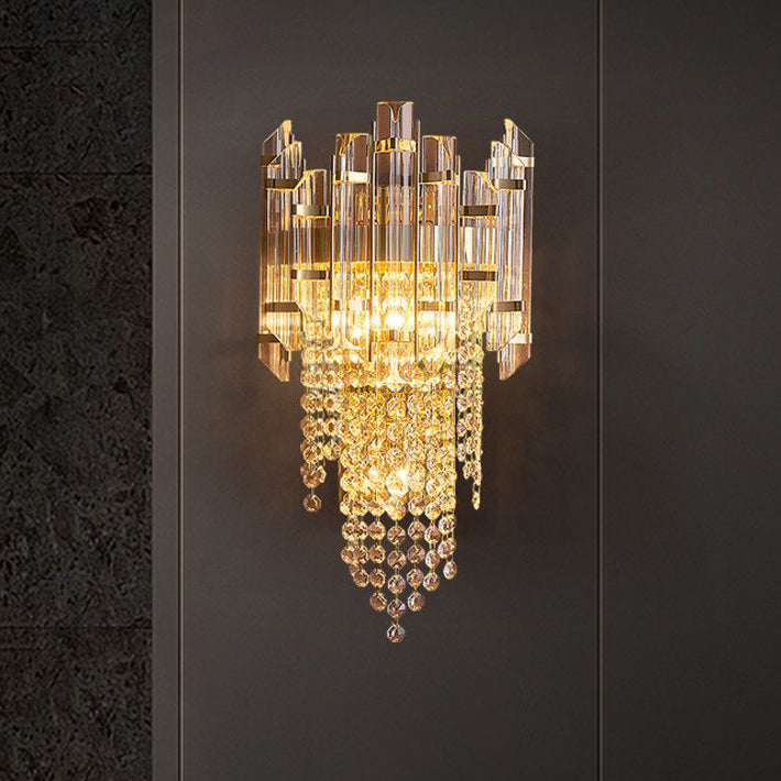 Modern Luxury Cylinder Bead String Iron Crystal 2-Light Wall Sconce Lamp For Living Room