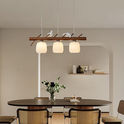 Contemporary Nordic Long Round Dome Bird Rubber Wood Glass 3-Light Island Light Chandelier For Dining Room