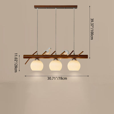 Contemporary Nordic Long Round Dome Bird Rubber Wood Glass 3-Light Island Light Chandelier For Dining Room