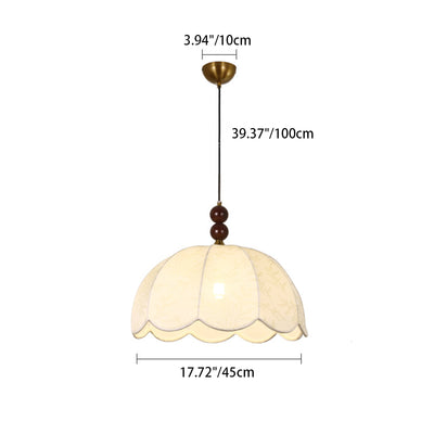 Traditional French Round Wavy Edge Hardware Solid Wood Floral Printed Fabric Shade 1-Light Pendant Light For Living Room