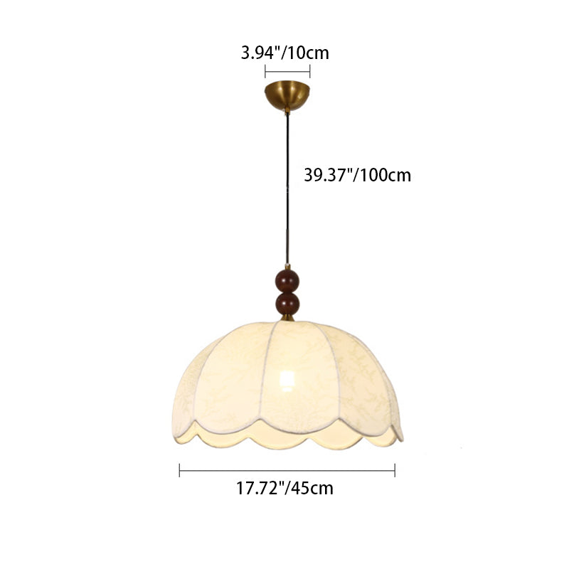 Traditional French Round Wavy Edge Hardware Solid Wood Floral Printed Fabric Shade 1-Light Pendant Light For Living Room