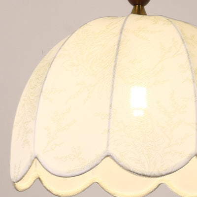 Traditional French Round Wavy Edge Hardware Solid Wood Floral Printed Fabric Shade 1-Light Pendant Light For Living Room