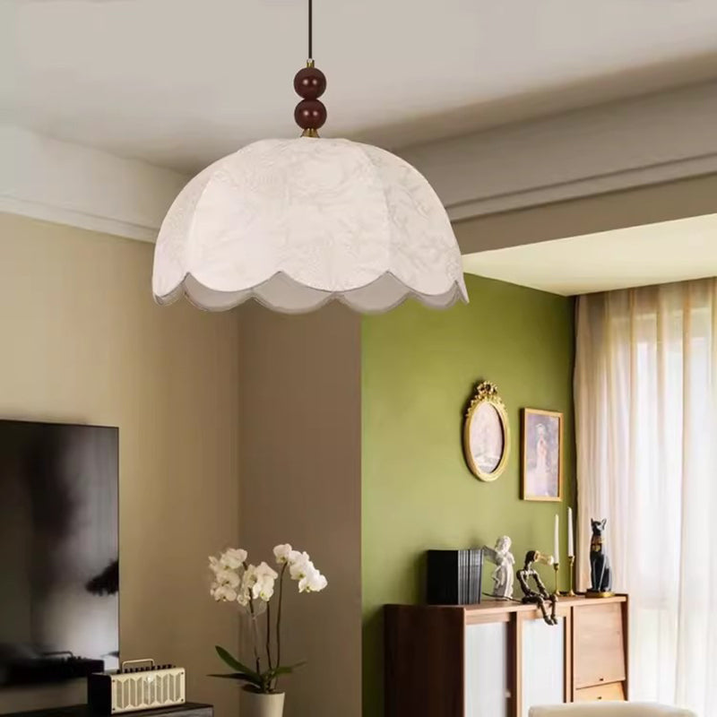 Traditional French Round Wavy Edge Hardware Solid Wood Floral Printed Fabric Shade 1-Light Pendant Light For Living Room