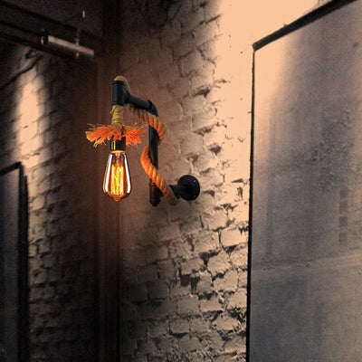 Contemporary Industrial Long Pipe Hemp Rope Iron 1-Light Wall Sconce Lamp For Living Room