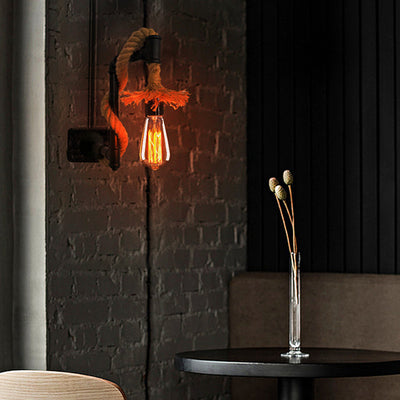 Contemporary Industrial Long Pipe Hemp Rope Iron 1-Light Wall Sconce Lamp For Living Room