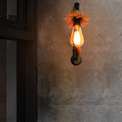 Contemporary Industrial Long Pipe Hemp Rope Iron 1-Light Wall Sconce Lamp For Living Room