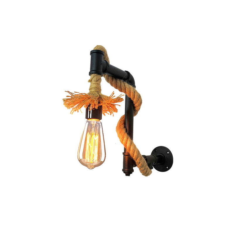 Contemporary Industrial Long Pipe Hemp Rope Iron 1-Light Wall Sconce Lamp For Living Room