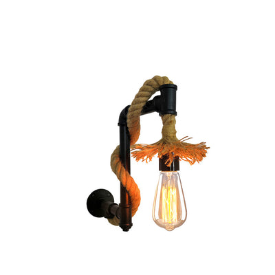 Contemporary Industrial Long Pipe Hemp Rope Iron 1-Light Wall Sconce Lamp For Living Room