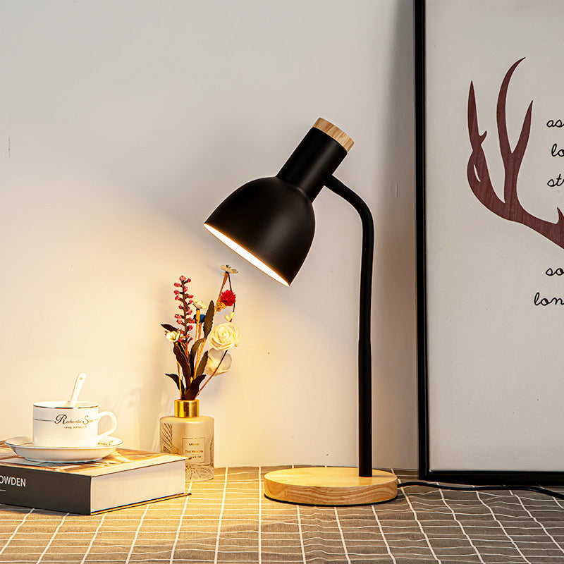 Modern Minimalist Round Horn Shape Iron Shade Wood Base 1-Light Table Lamp For Bedroom