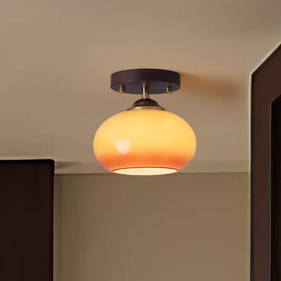 Contemporary Retro Round Oval Dome Wooden Base Glass 1-Light Semi-Flush Mount Ceiling Light For Living Room