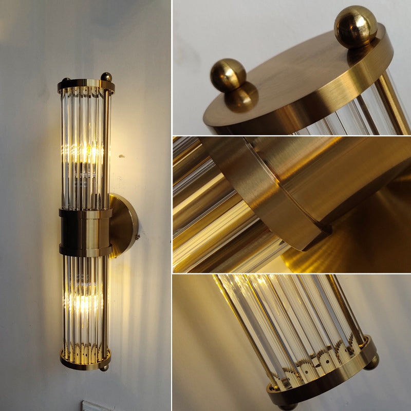 Modern Minimalist Cylinder Iron Copper Frame Glass Shade 1/2 Light Wall Sconce Lamp For Living Room