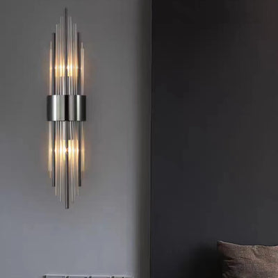 Contemporary Nordic Round Tube Long Stainless Steel Crystal 2-Light Wall Sconce Lamp For Living Room