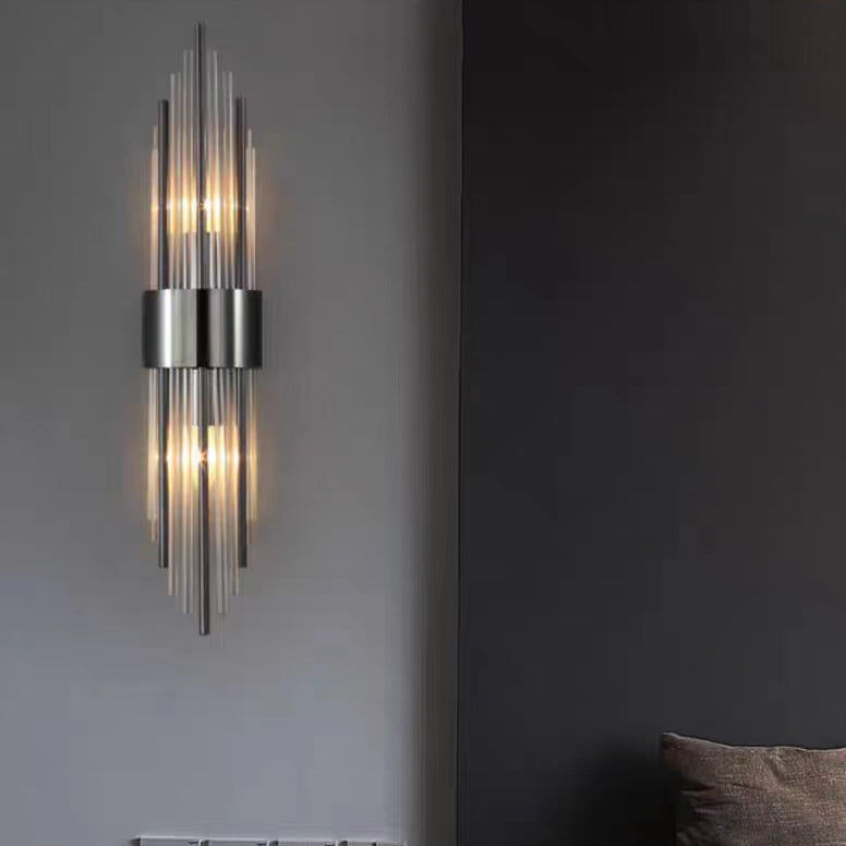 Contemporary Nordic Round Tube Long Stainless Steel Crystal 2-Light Wall Sconce Lamp For Living Room