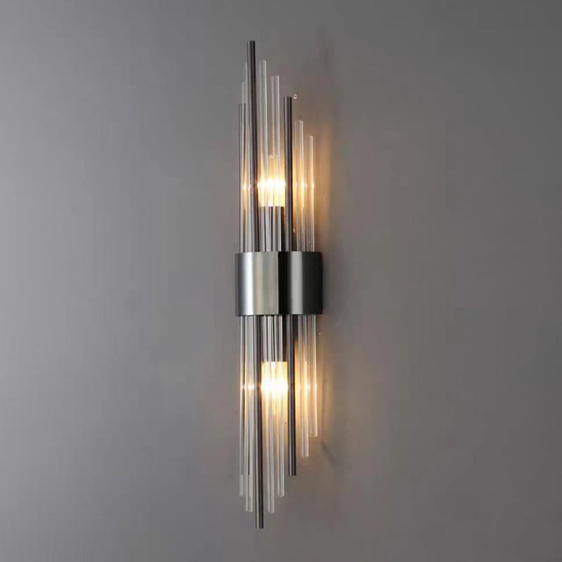 Contemporary Nordic Round Tube Long Stainless Steel Crystal 2-Light Wall Sconce Lamp For Living Room