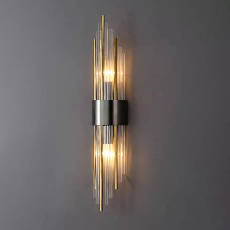 Contemporary Nordic Round Tube Long Stainless Steel Crystal 2-Light Wall Sconce Lamp For Living Room