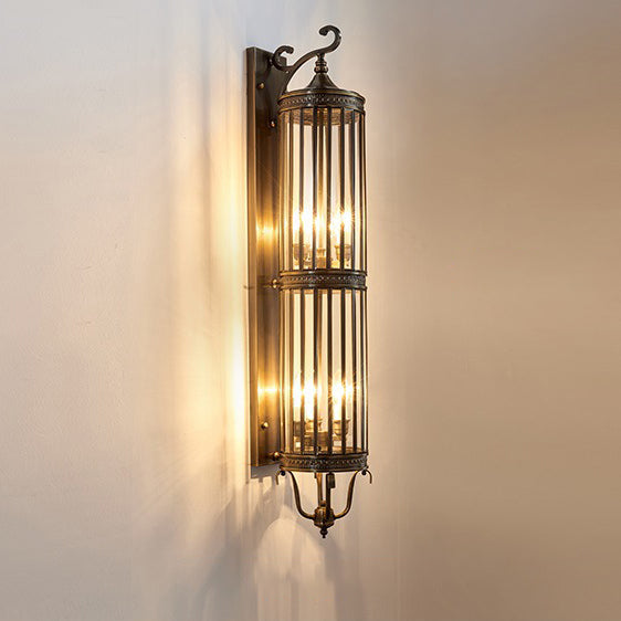 Modern Luxury Waterproof Line Cylinder Copper Frame Glass Shade 1/3/6 Light Wall Sconce Lamp For Garden