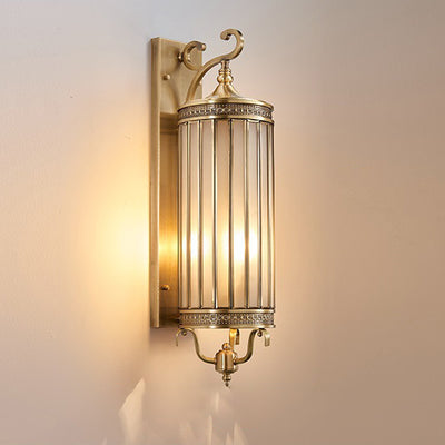 Modern Luxury Waterproof Line Cylinder Copper Frame Glass Shade 1/3/6 Light Wall Sconce Lamp For Garden