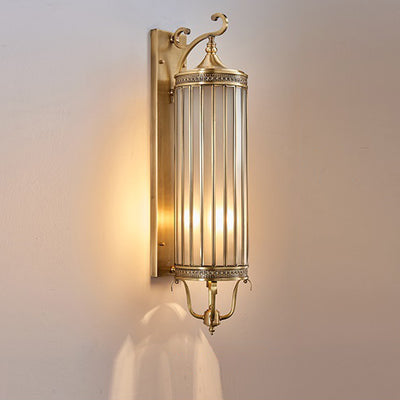 Modern Luxury Waterproof Line Cylinder Copper Frame Glass Shade 1/3/6 Light Wall Sconce Lamp For Garden