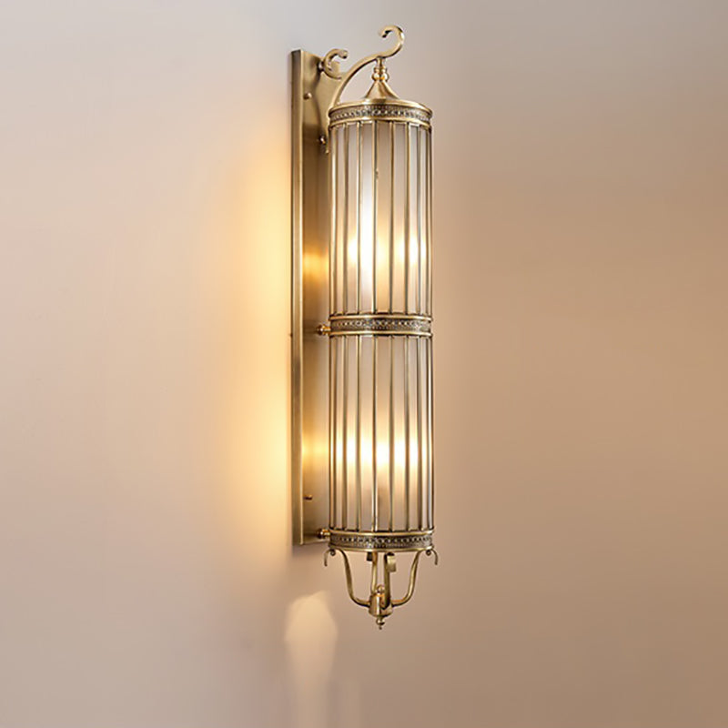 Modern Luxury Waterproof Line Cylinder Copper Frame Glass Shade 1/3/6 Light Wall Sconce Lamp For Garden