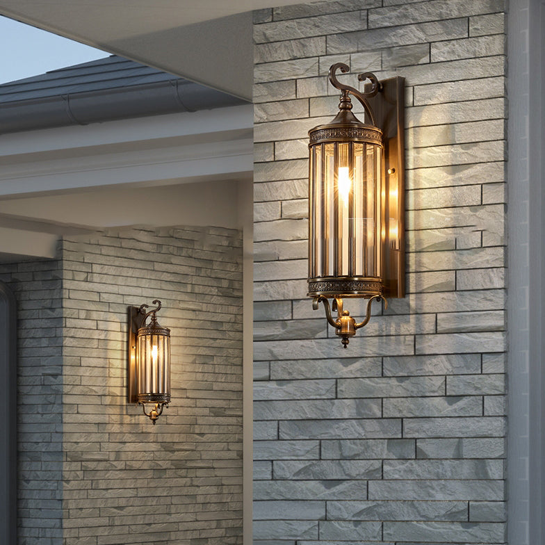 Modern Luxury Waterproof Line Cylinder Copper Frame Glass Shade 1/3/6 Light Wall Sconce Lamp For Garden