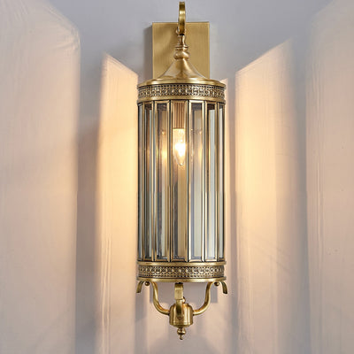 Modern Luxury Waterproof Line Cylinder Copper Frame Glass Shade 1/3/6 Light Wall Sconce Lamp For Garden