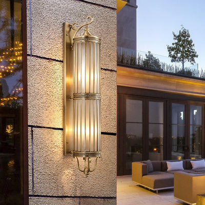 Modern Luxury Waterproof Line Cylinder Copper Frame Glass Shade 1/3/6 Light Wall Sconce Lamp For Garden