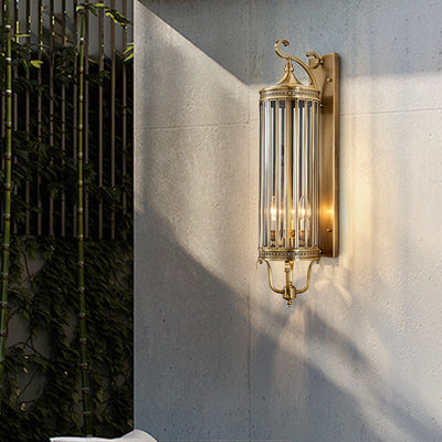 Modern Luxury Waterproof Line Cylinder Copper Frame Glass Shade 1/3/6 Light Wall Sconce Lamp For Garden