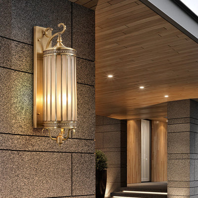 Modern Luxury Waterproof Line Cylinder Copper Frame Glass Shade 1/3/6 Light Wall Sconce Lamp For Garden