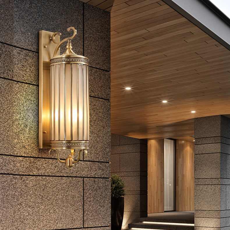 Modern Luxury Waterproof Line Cylinder Copper Frame Glass Shade 1/3/6 Light Wall Sconce Lamp For Garden