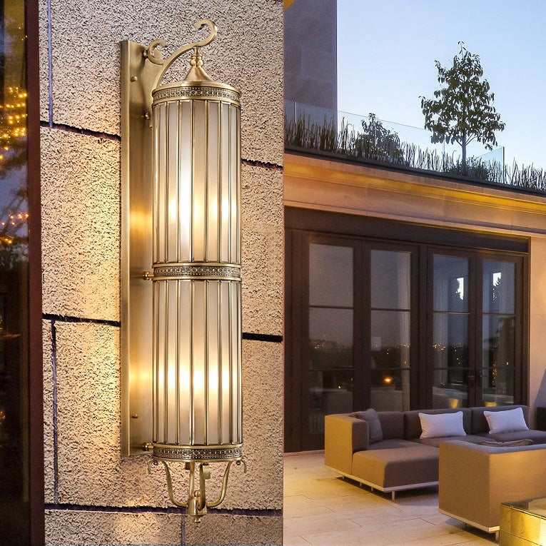 Modern Luxury Waterproof Line Cylinder Copper Frame Glass Shade 1/3/6 Light Wall Sconce Lamp For Garden