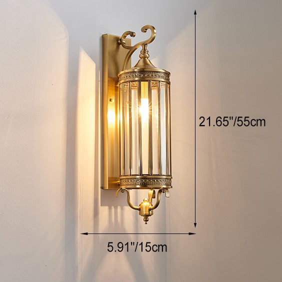 Modern Luxury Waterproof Line Cylinder Copper Frame Glass Shade 1/3/6 Light Wall Sconce Lamp For Garden