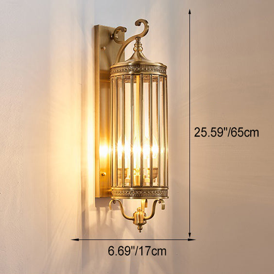 Modern Luxury Waterproof Line Cylinder Copper Frame Glass Shade 1/3/6 Light Wall Sconce Lamp For Garden