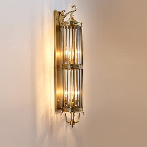 Modern Luxury Waterproof Line Cylinder Copper Frame Glass Shade 1/3/6 Light Wall Sconce Lamp For Garden