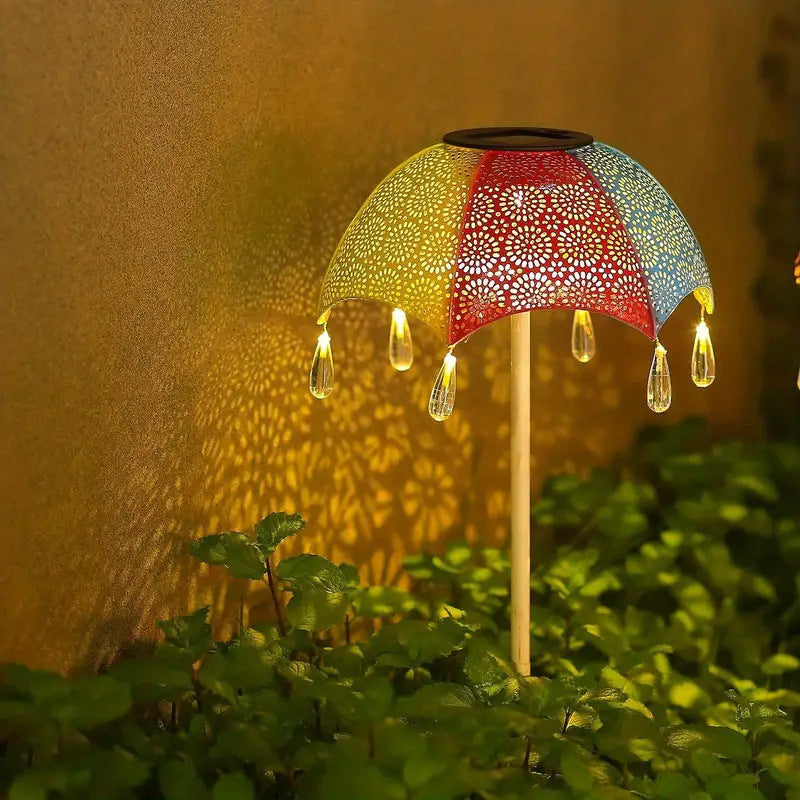 Modern Art Deco Solar Waterproof Umbrella Iron LED Ground Plug Outdoor Light For Garden