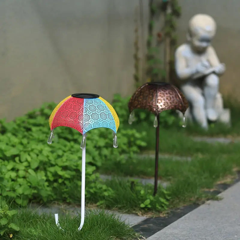 Modern Art Deco Solar Waterproof Umbrella Iron LED Ground Plug Outdoor Light For Garden