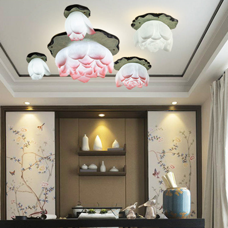 Traditional Chinese Lotus Iron Resin 1-Light Semi-Flush Mount Ceiling Light For Living Room