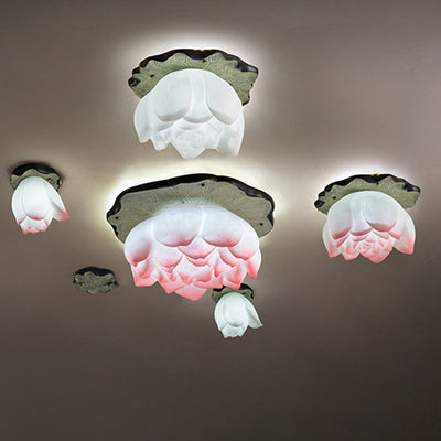 Traditional Chinese Lotus Iron Resin 1-Light Semi-Flush Mount Ceiling Light For Living Room