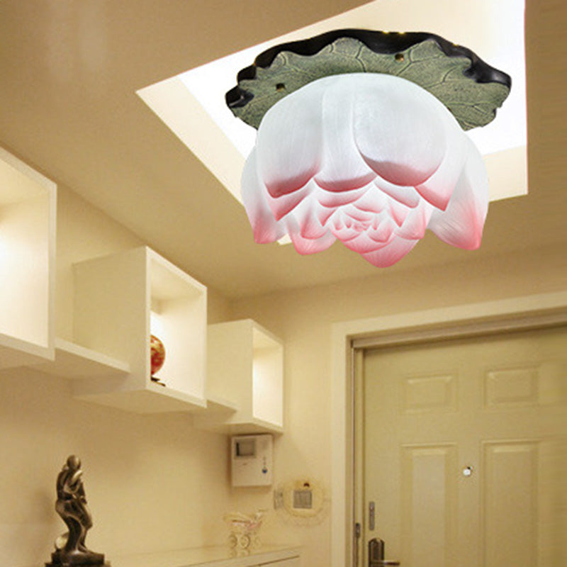 Traditional Chinese Lotus Iron Resin 1-Light Semi-Flush Mount Ceiling Light For Living Room