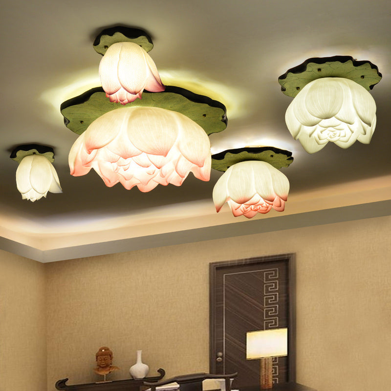 Traditional Chinese Lotus Iron Resin 1-Light Semi-Flush Mount Ceiling Light For Living Room