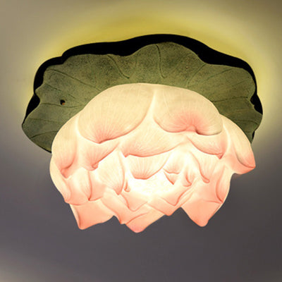 Traditional Chinese Lotus Iron Resin 1-Light Semi-Flush Mount Ceiling Light For Living Room