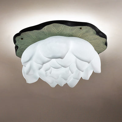 Traditional Chinese Lotus Iron Resin 1-Light Semi-Flush Mount Ceiling Light For Living Room