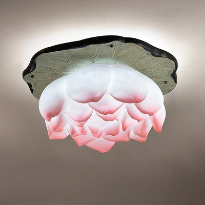 Traditional Chinese Lotus Iron Resin 1-Light Semi-Flush Mount Ceiling Light For Living Room