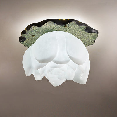 Traditional Chinese Lotus Iron Resin 1-Light Semi-Flush Mount Ceiling Light For Living Room