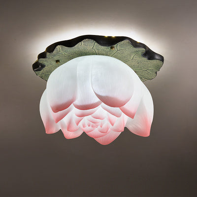 Traditional Chinese Lotus Iron Resin 1-Light Semi-Flush Mount Ceiling Light For Living Room