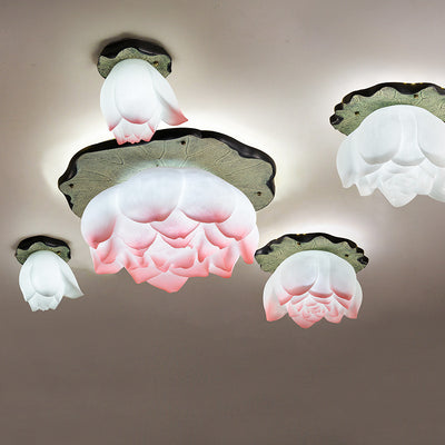 Traditional Chinese Lotus Iron Resin 1-Light Semi-Flush Mount Ceiling Light For Living Room